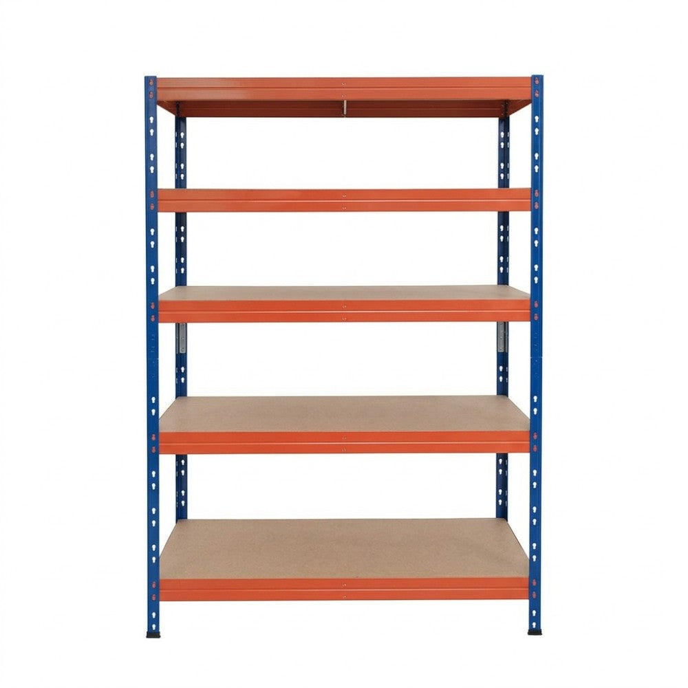 Pohľad spredu na modro-oranžový kovový regál 120x45 cm s piatimi policami