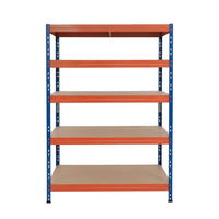 Pohľad spredu na modro-oranžový kovový regál 120x45 cm s piatimi policami