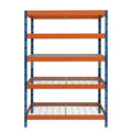 Modro-oranžový kovový regál DRM 252 s piatimi policami, rozmery 120x45 cm