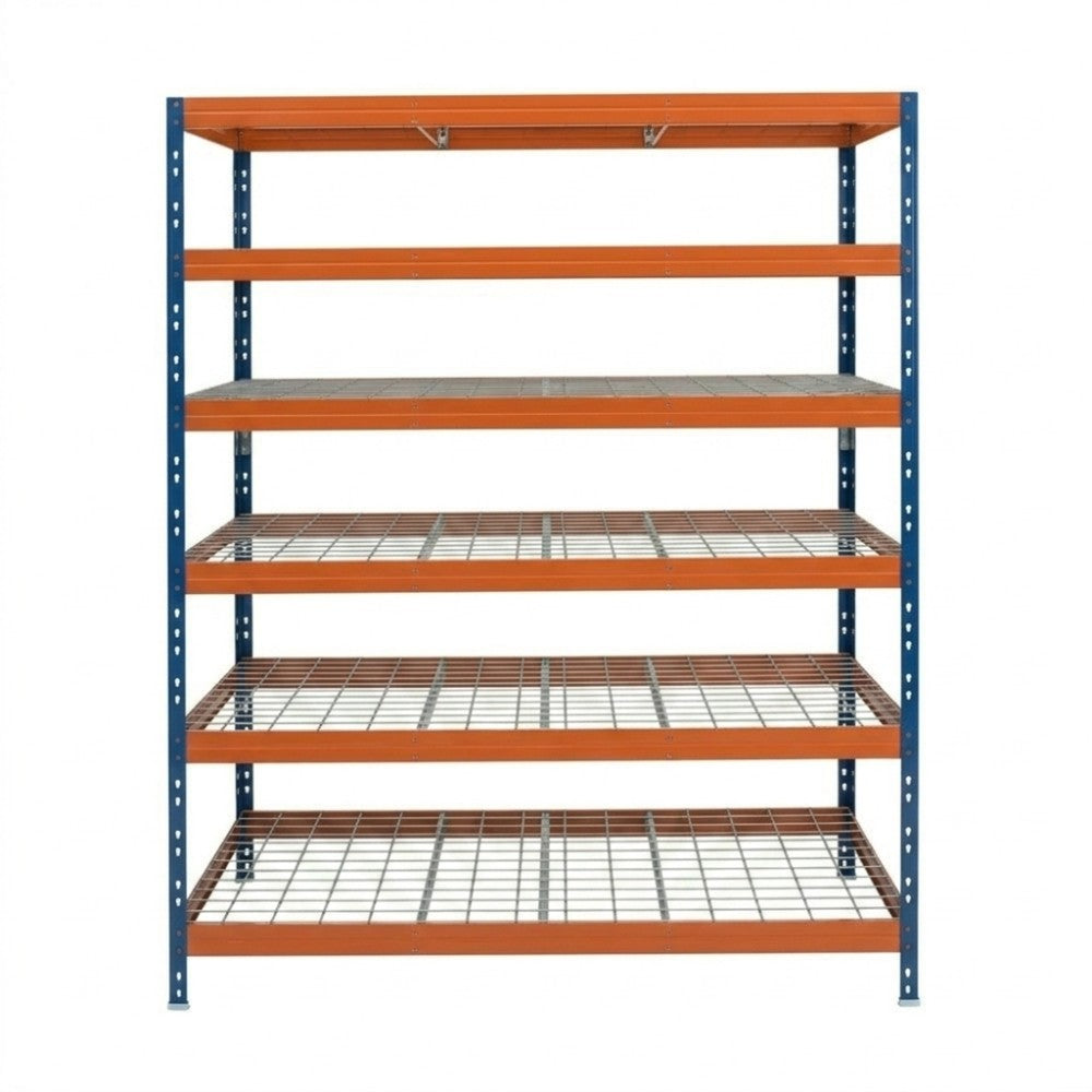 Metallregal mit 6 blauen und orangen Regalböden, 252x150x45 cm