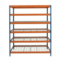 Metallregal mit 6 blauen und orangen Regalböden, 252x150x45 cm