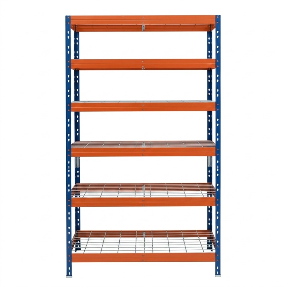 Modro-oranžový kovový regál Rivet DRM 252x90x45 cm so šiestimi policami na skladovanie