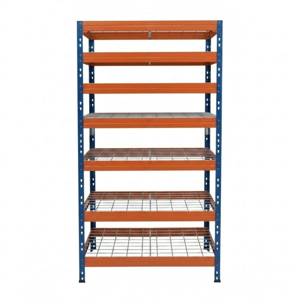Modrý a oranžový kovový regál Rivet DRM 252x90x45 cm se 7 policemi