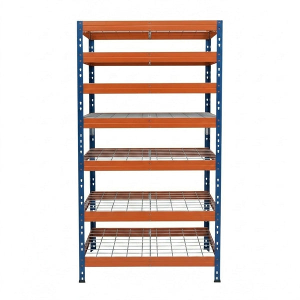 Niebiesko-pomarańczowy metalowy regał Rivet DRM 252x90x45 cm z 7 półkami