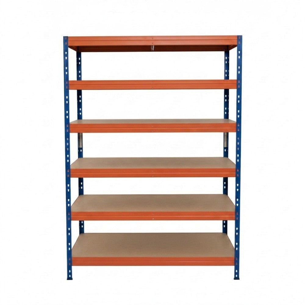 Modro-oranžový kovový regál Rivet DTD 252x120x45 cm so šiestimi policami na skladovanie