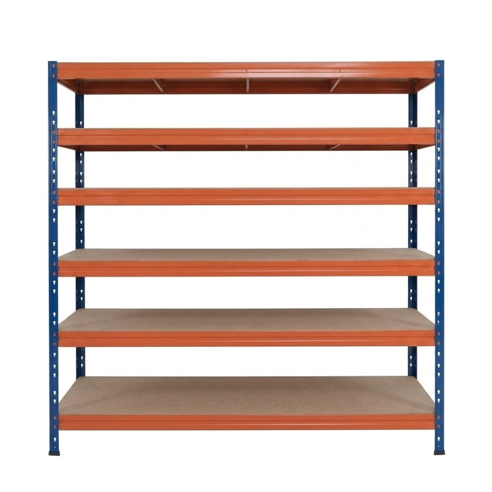 Modro-oranžový kovový regál 252x180x45 cm so 6 policami, univerzálny a pevný