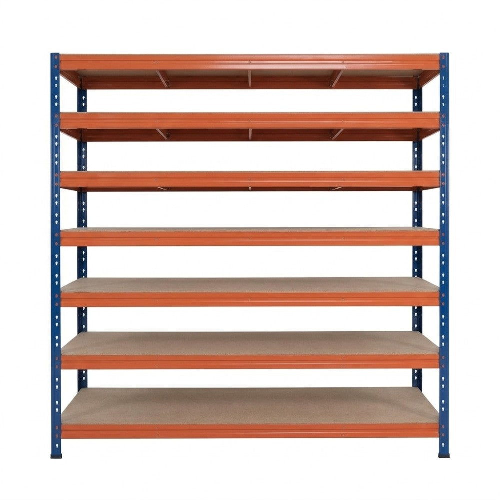 Modro-oranžový kovový regál 252x180x45 cm so 7 policami, stabilný a praktický