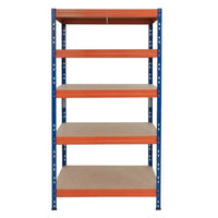 Kovový regál 90x45 cm so 5 policami v modro-oranžovej farbe, pevný a všestranný