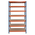 Kovový regál 90x45 cm so 7 policami v modro-oranžovej farbe, ideálny pre veľké sklady