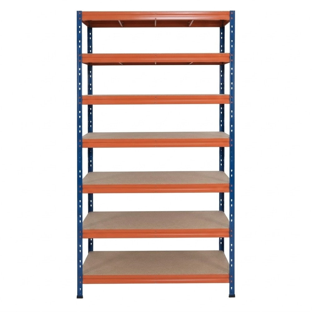 Kovový regál 90x45 cm so 7 policami v modro-oranžovej farbe, ideálny pre veľké sklady