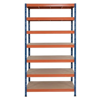 Kovový regál 90x45 cm so 7 policami v modro-oranžovej farbe, ideálny pre veľké sklady