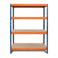 Vorderansicht Metallregal 4 Ebenen in Blau und Orange, stabil und praktisch