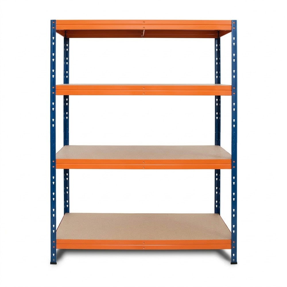 Vorderansicht Metallregal 4 Ebenen in Blau und Orange, stabil und praktisch