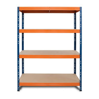 Kovový regál 120x45 cm so 4 policami v modro-oranžovej farbe, stabilný a praktický