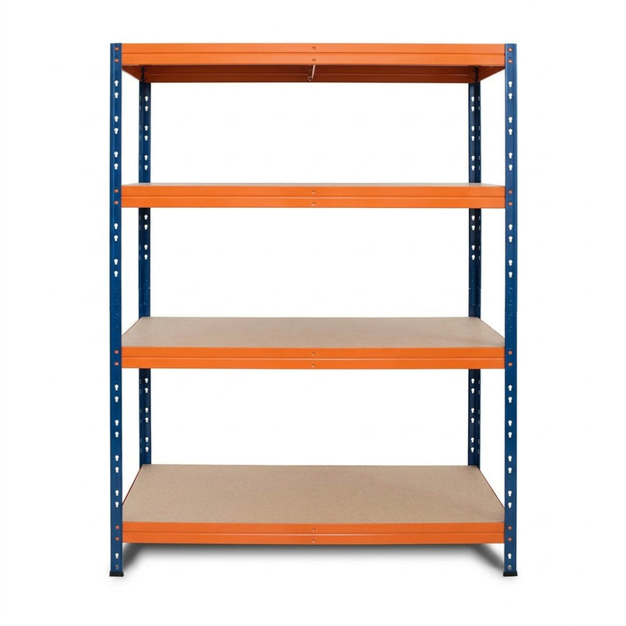 Vorderansicht Metallregal 4 Ebenen in Blau und Orange, stabil und praktisch