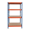 Kovový regál 90x45 cm so 4 policami v modro-oranžovej farbe, kompaktný a stabilný
