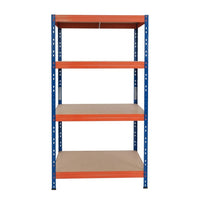 Kovový regál 90x45 cm so 4 policami v modro-oranžovej farbe, kompaktný a stabilný