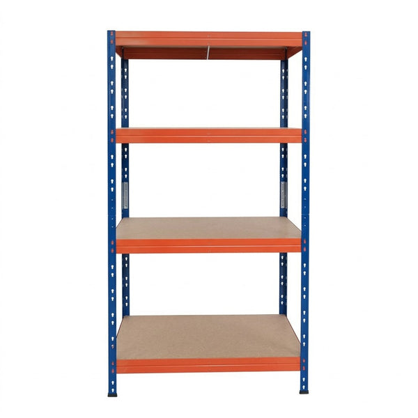 Vorderansicht Metallregal 4 Ebenen in Blau und Orange, kompakt und stabil