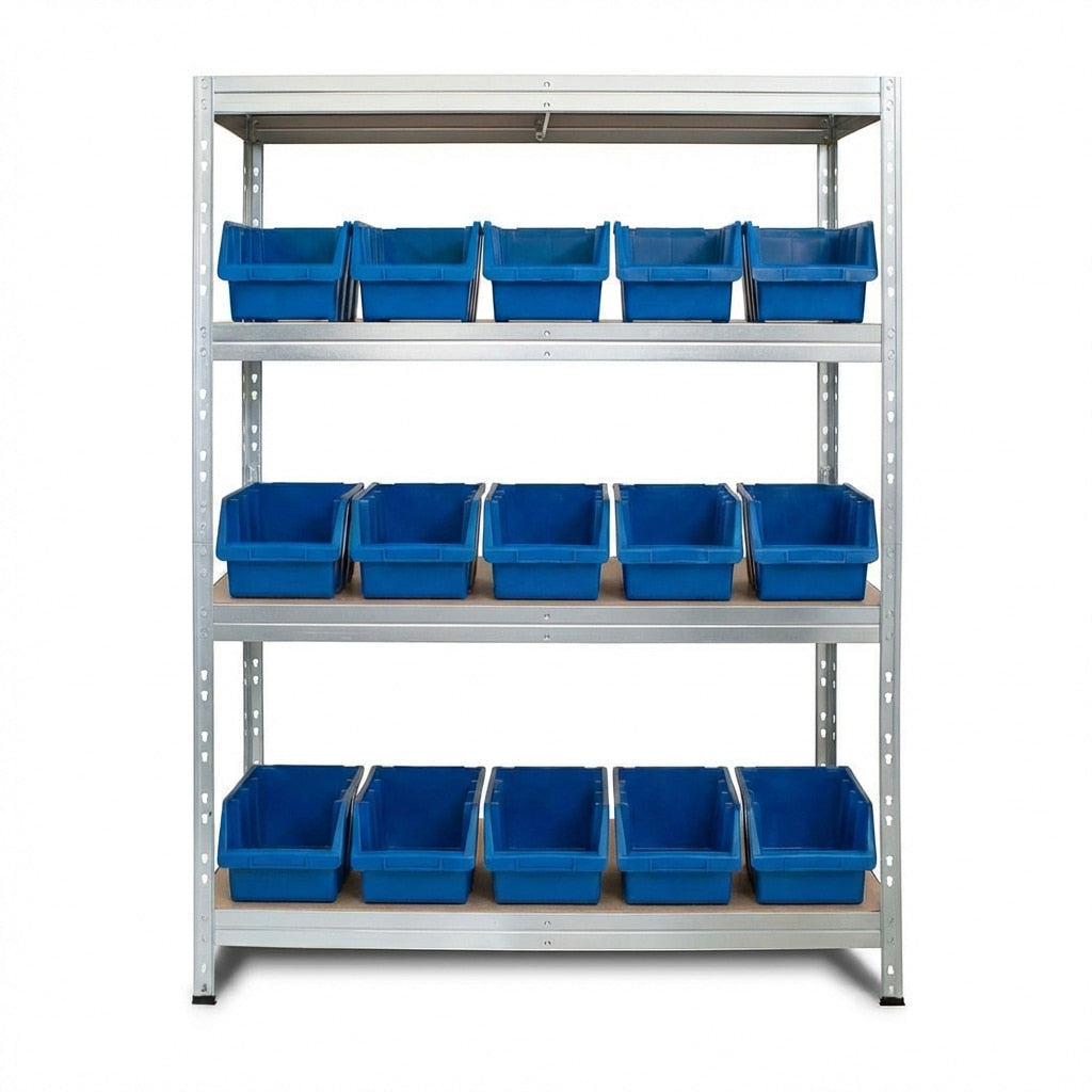 Pozinkovaný kovový regál 120x45 cm so 4 policami a modrými boxmi Ergobox4, odolný a funkčný