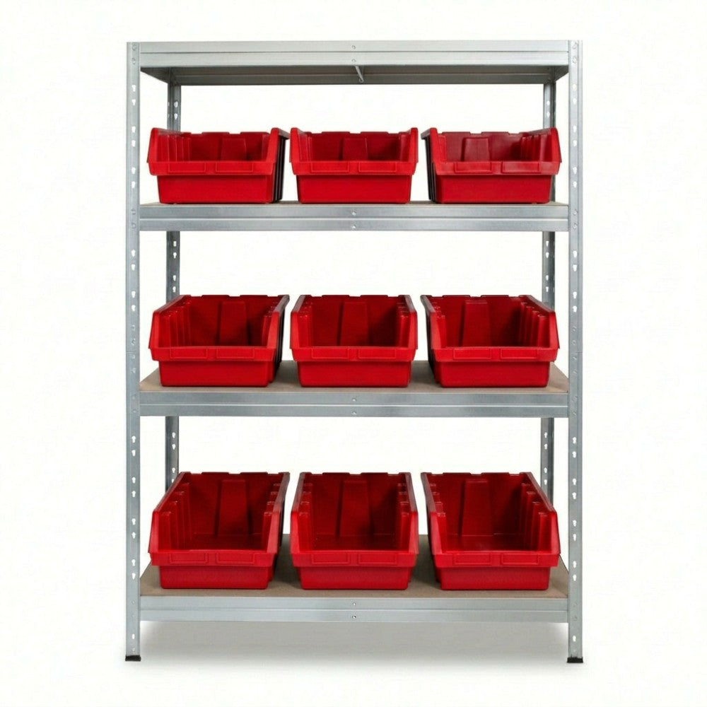 Kovový regál 120x45 cm se 4 úrovněmi a červenými boxy Ergobox5
