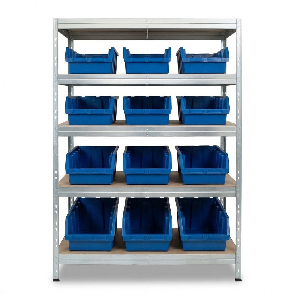 Galvanizovaný kovový regál 120x45 cm s piatimi policami a modrými boxmi Ergobox5