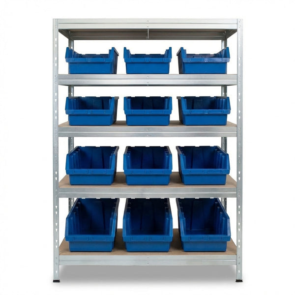 Kovový regál 120x45 cm se 5 úrovněmi a modrými boxy Ergobox5