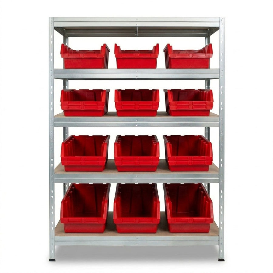 Kovový regál 120x45 cm se 5 úrovněmi a červenými boxy Ergobox5