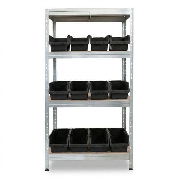 Metallregal 90x45 cm mit 4 Ebenen und schwarzen Ergobox4 Behältern