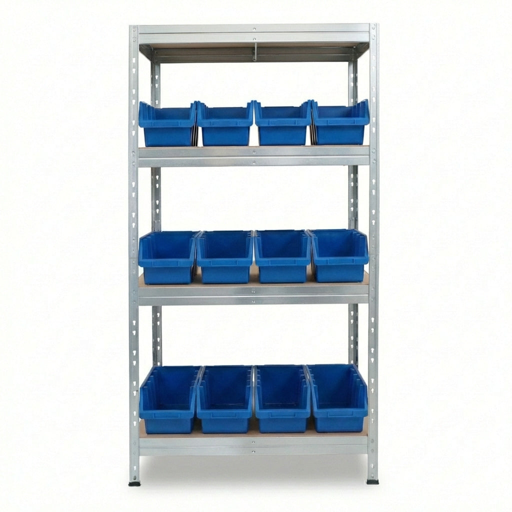 Metalowy regał 90x45 cm z 4 półkami i niebieskimi pojemnikami Ergobox4