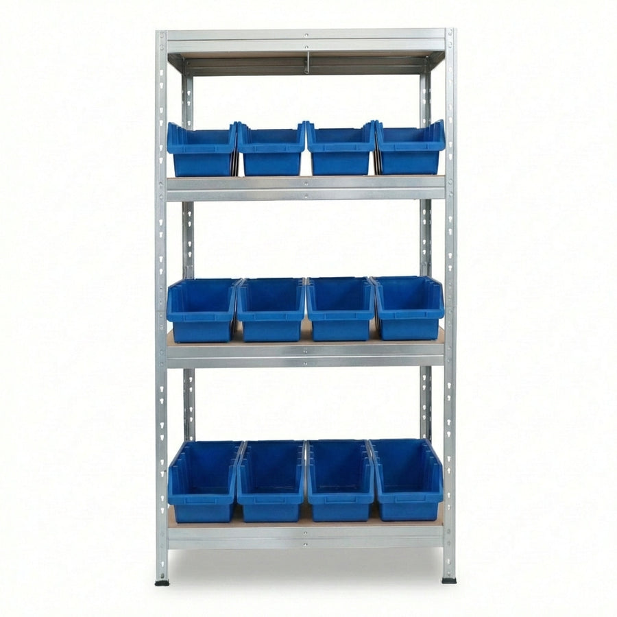 Metalowy regał 90x45 cm z 4 półkami i niebieskimi pojemnikami Ergobox4