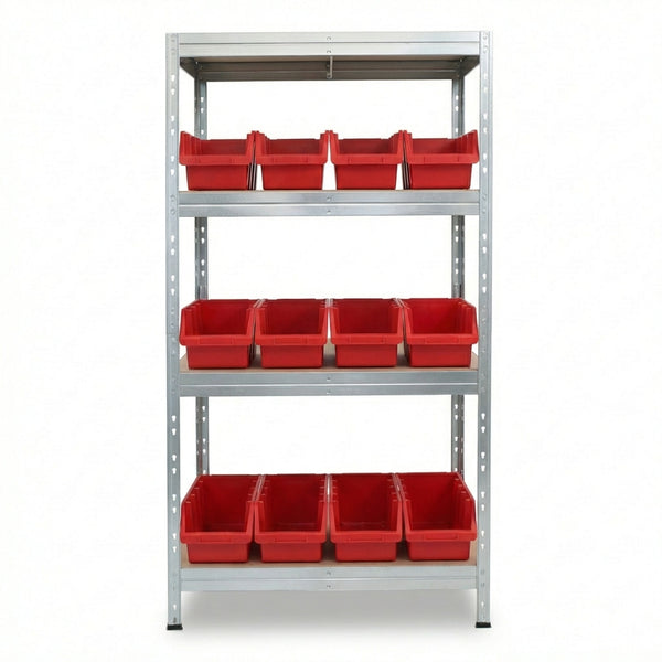 Metallregal 90x45 cm mit 4 Ebenen und roten Ergobox4 Behältern