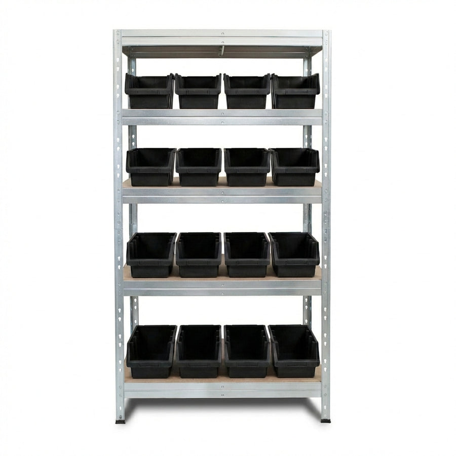 Metallregal 90x45 cm mit 5 Ebenen und schwarzen Ergobox4 Behältern