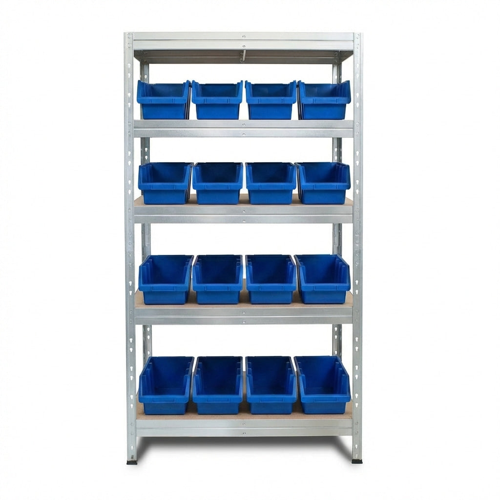 Metallregal 90x45 cm mit 5 Ebenen und blauen Ergobox4 Behältern