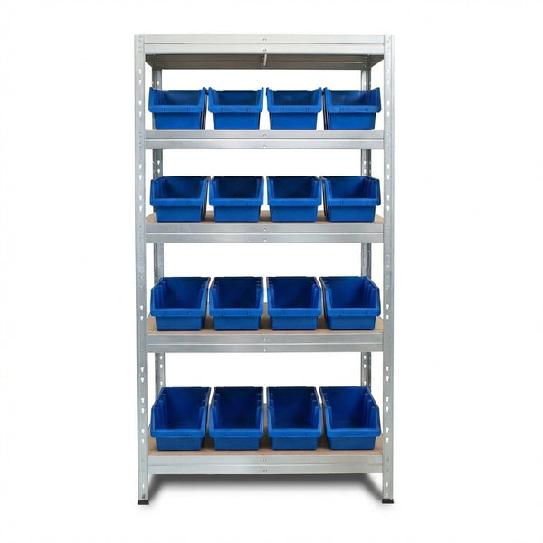 Metallregal 90x45 cm mit 5 Ebenen und blauen Ergobox4 Behältern