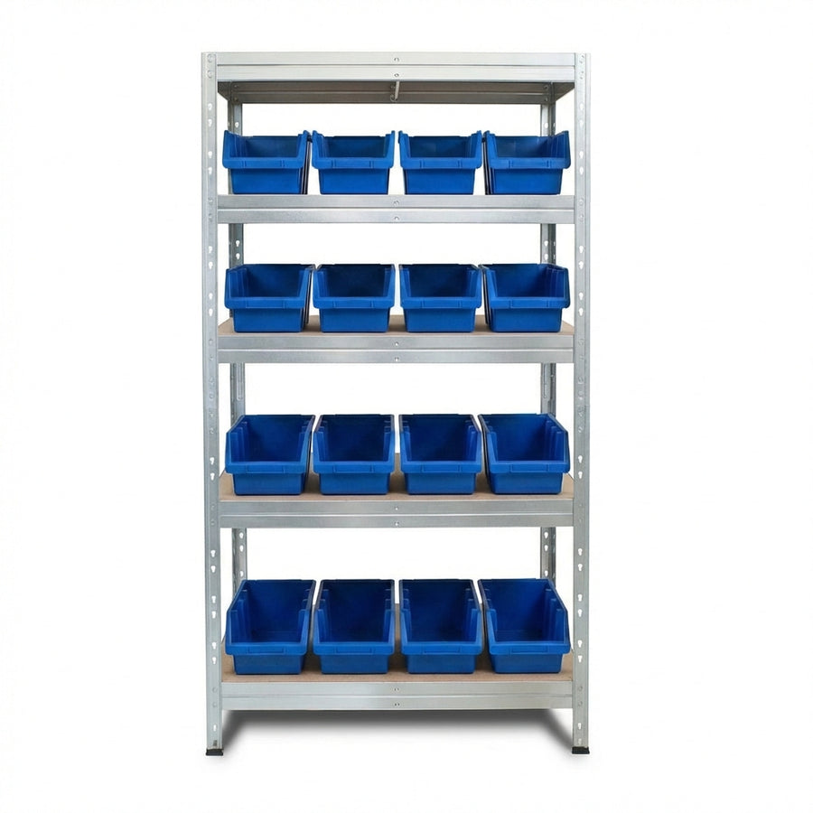 Metallregal 90x45 cm mit 5 Ebenen und blauen Ergobox4 Behältern