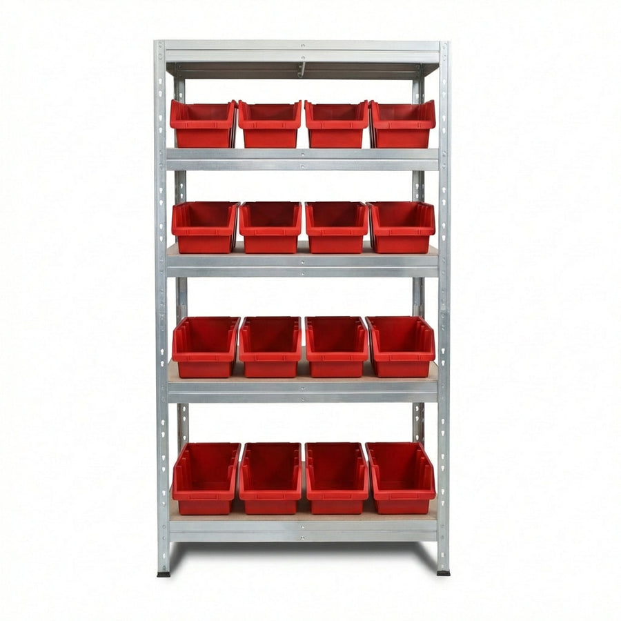 Metalowy regał 90x45 cm z 5 półkami i czerwonymi pojemnikami Ergobox4