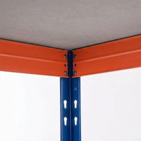 Nahaufnahme eines blauen und orangefarbenen Rivet Pro Metallregals