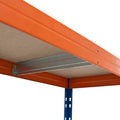 Nahaufnahme eines blauen und orangefarbenen Rivet Pro Metallregals
