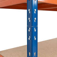 Detailaufnahme eines blauen und orangefarbenen Rivet Pro Metallregals