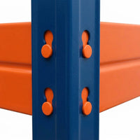 Nahaufnahme eines blauen und orangefarbenen Rivet Pro Metallregals