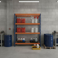 Schwerlastregal RIVET PRO 252x180x45 Stahlgitterboden 7 Ebenen Blau-Orange