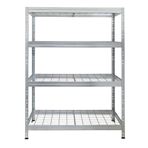 Galvanizovaný drôtený regál Rivet Pro so štyrmi policami, šírka 120 cm, pohľad spredu