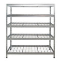 Galvanizovaný drôtený regál Rivet Pro s piatimi policami, šírka 150 cm, pohľad spredu