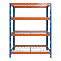 Blau-orange Metallregal mit 4 Ebenen, 120x45 cm, Vorderansicht