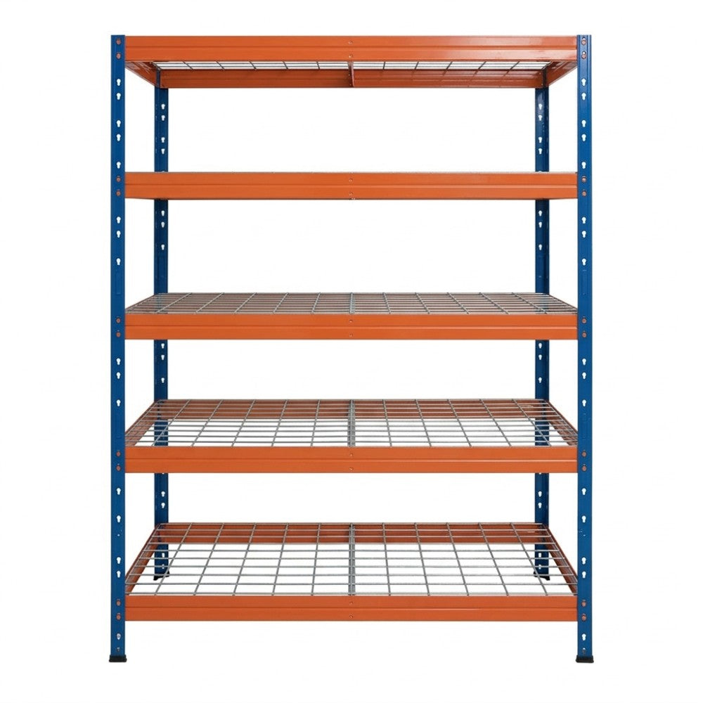 Blau-orange Metallregal mit 5 Ebenen, 120x45 cm, Vorderansicht