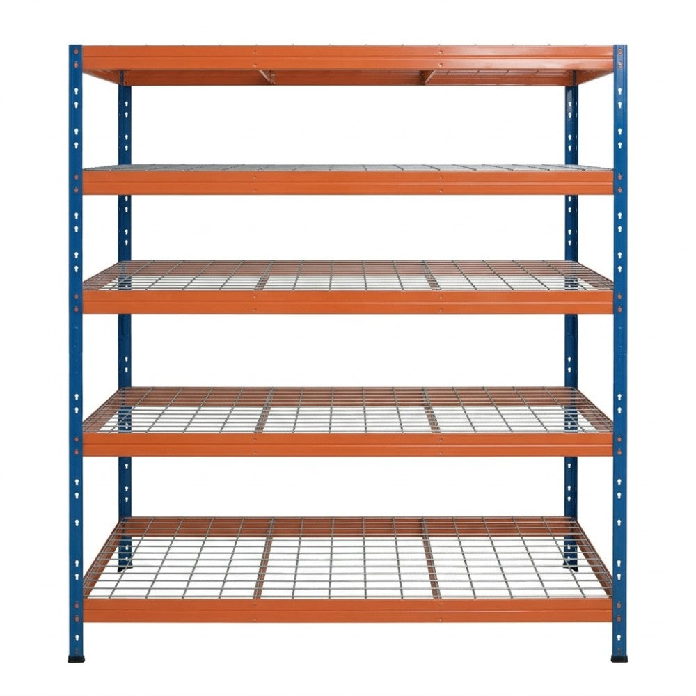 Modrý a oranžový kovový regál se 5 policemi, 150 cm široký