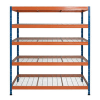 Modrý a oranžový kovový regál se 5 policemi, 150 cm široký