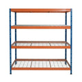 Blau-orange Metallregal mit 4 Ebenen, 180x45 cm, Vorderansicht