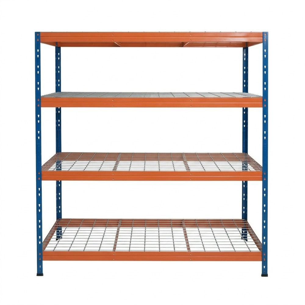 Blau-orange Metallregal mit 4 Ebenen, 180x45 cm, Vorderansicht