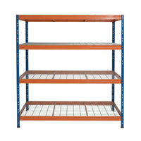 Modro-oranžový kovový regál so štyrmi policami, rozmery 180x45 cm, pohľad spredu